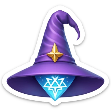 Clash of Clans aesthetic: Cinematic Playful Wizard's Hat Emoji, rendered in a 3D vector-style similar to standard emojis with minimal shading and bold, simplified shapes. A compact, isometric pointy hat with a wide brim adorned with mystical symbols and subtle enchanted shimmer, softly glowing with a magical whimsical charm. Simplified yet unmistakably iconic, highly detailed and consistent, glowing with a soft radiant glow and high shine. Stylized with a touch of classic sorcery and a soft glowing outline, capturing the essence of a legendary wizard’s hat with a friendly, playful manner! sticker