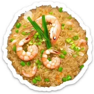 a bowl of gold prawn egg fried rice garnished with sliced garlic and spring onions. The fried rice is just cooked and looks tasty. The bowl is also delicate and elevates the dish to an upper level. sticker