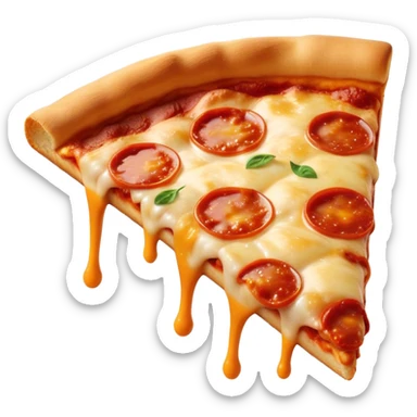 Cinematic cheesy pizza slice, gooey melted cheese stretching as a bite is taken, crispy golden crust, rich tomato sauce, vibrant toppings, warm glowing background, inviting and delicious. sticker