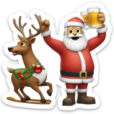 Hyped santa and rudolph holding beers with sled sticker