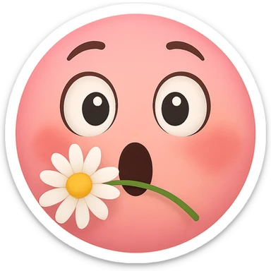 pink emoji face with a daisy in its mouth, wide eyes, blushing cheeks, surprised but happy look sticker