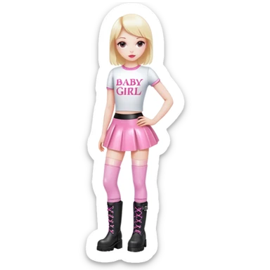 Mini latex skirt and boots and short top with pink inscription “Baby girl” sticker