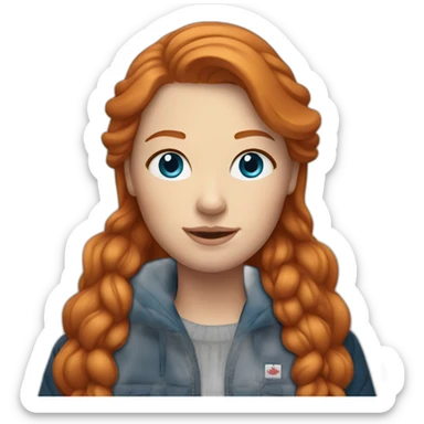 Ginger hair and blue eyes woman with a Canadian jacket sticker