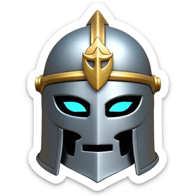Clash of Clans aesthetic: Cinematic Playful 3D Isometric steel helm Emoji, rendered in a 3D vector-style similar to standard emojis with minimal shading and bold, simplified shapes. A compact, distinct form with signature details, softly glowing with a fantasy RPG magic charm. Simplified yet unmistakably iconic, highly detailed and consistent, glowing with a soft radiance and high shine. Stylized with a touch of heroic grandeur and a soft glowing outline, capturing the essence of a beloved gaming relic with a friendly, playful manner! sticker