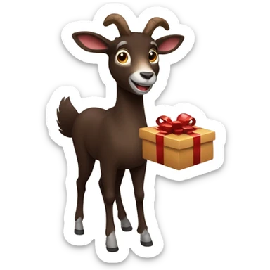 happy dark brown chamois holding gift with hooves in front of him sticker