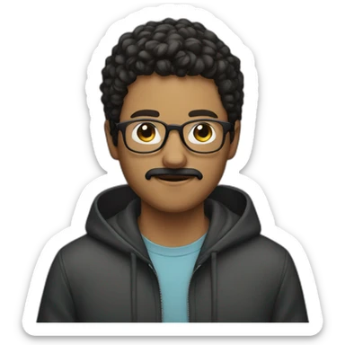 A young man with glasses and and hoodie and mustache  sticker