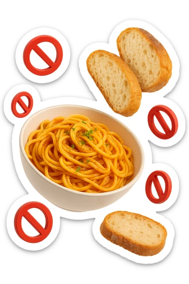 bowl di pasta e fettine di pane che fluttuano in aria con piccoli divieti 3d, sfondo bianco, iperrealistico 4k sticker