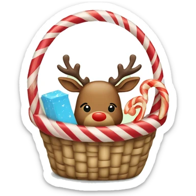 A basket with a candy cane and a reindeer sticking out of it sticker