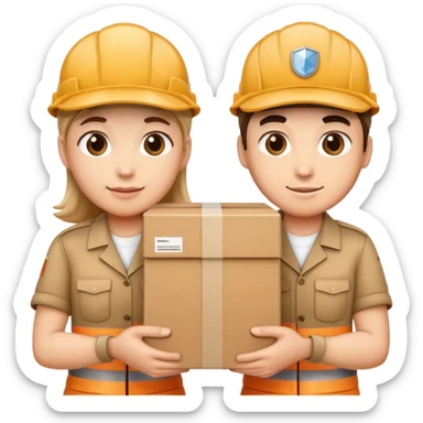 two workers in caps and uniforms holding a large box together sticker