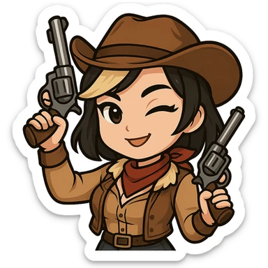 Chibi cowgirl with slightly longer hair and a blonde streak, wearing a cowboy hat and western outfit, holding two revolvers, pose with one gun raised, winking expression, chibi/anime style, transparent background, sized for Twitch or Discord use. sticker