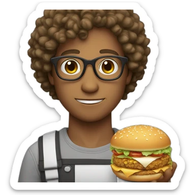 cute white guy with curly hair wearing glasses with a meal in hands sticker