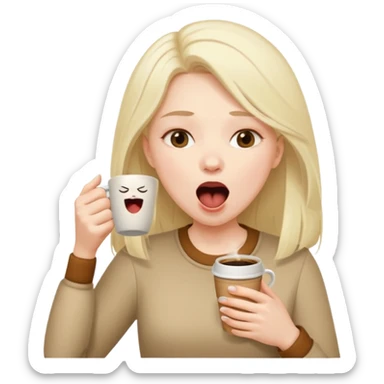 can you make her now look without laptop but having a coffee cup in her head with мешками под глазами и зевающую  sticker