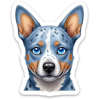Cinematic Noble Blue Speckle Australian Cattle Dog Portrait Emoji, Poised and regal, with a robust, athletic build and a striking blue speckle Fur, piercing blue eyes, Simplified yet sharp and sophisticated features, highly detailed, glowing with a cool, dignified glow, high shine, intelligent and hardworking, stylized with an air of precision, focused and attentive, soft glowing outline, capturing the essence of a watchful and determined herder, so majestic it feels as though it could leap out of the screen with effortless authority! sticker