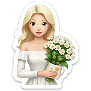 blonde woman in a white off-shoulder dress with long sleeves and a bouquet of white flowers in a white bag in her right hand sticker