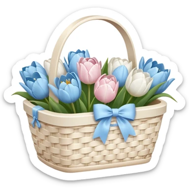 A white Picnic basket with pastel blue bow, white peonie, tulips sticker