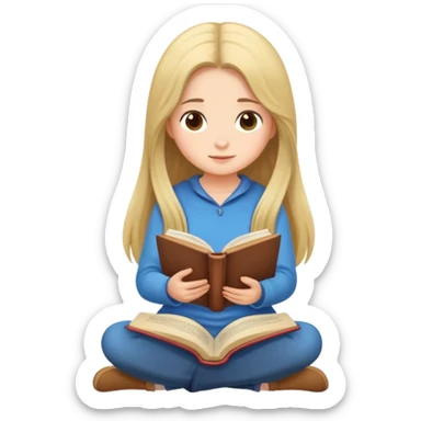 A cute girl with long hair sitting comfortably reading an open book sticker