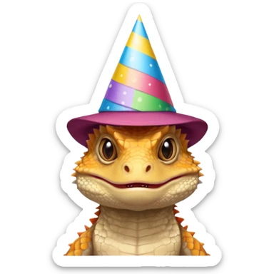 Grumpy, unhappy bearded dragon with a birthday hat sticker