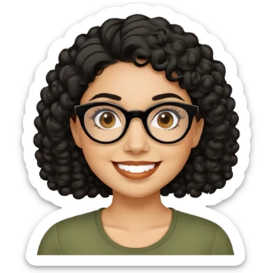 Hispanic woman with light tan skin. Round face with dimples. Dark eyes with black glasses. Thick eyebrows. Short curly black hair. Big smile. Wearing olive green top. sticker