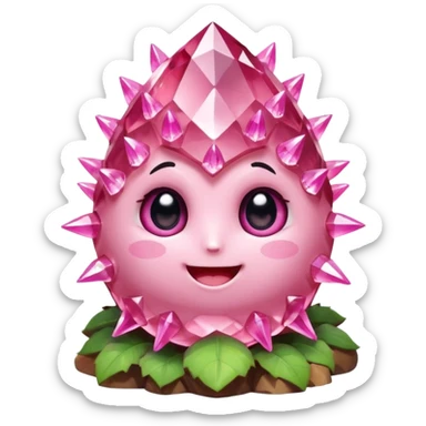 A single cute pink crystal cluster character, chunky round base with many tall rose-pink crystal spikes growing upward like a quartz cluster, faceted and slightly imperfect, on the front of the base a kawaii face with big shiny eyes and a happy open smile sticker