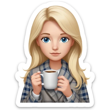 girl
blue eyes
long blond hair
wearing grey plaid housecoat
holding a white mug of coffee
wearing rose gold apple watch  sticker
