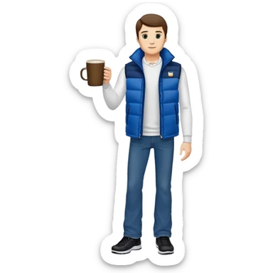 full body man with long sleeve white shirt with blue puffer winter vest with no pockets wearing straight long boot cut levi blue jeans with no cuffs and black tennis shoes holding a coffee mug in one hand in front of him and nothing in the other hand with his weight on one leg sticker