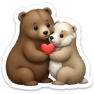 small white seal kissing a big brown bear with a heart between them sticker
