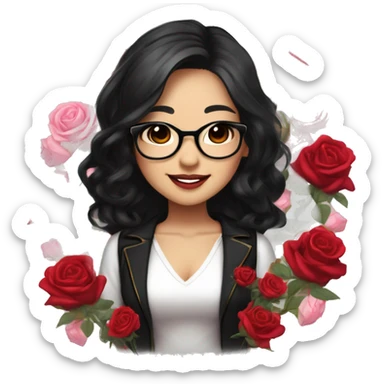 Asian girl, smiling with teeth and dimples on the cheeks, fair skin, black long hair, black eyes, black glasses with gold frames, red lipstick, wearing a white lace tank top and a black office jacket on top, with pink and red roses around her, chibi. sticker