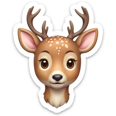 Cinematic Cute Deer Portrait Emoji, Head tilted playfully and inquisitively, showcasing a delicate coat speckled with subtle white spots and gentle earth tones, round, sparkling eyes filled with curious wonder, Simplified yet irresistibly adorable features, highly detailed, glowing with a warm, friendly glow, high shine, affectionate and graceful, stylized with a touch of woodland whimsy, bright and endearing, soft glowing outline, capturing the essence of a mischievous yet loving fawn, so playful it feels like it could skip out of the screen into your arms! sticker