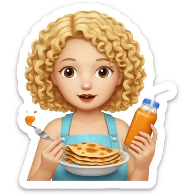 mujer con pelo rubio rizado comiendo quesadillas quemadas sabor bebé. sticker