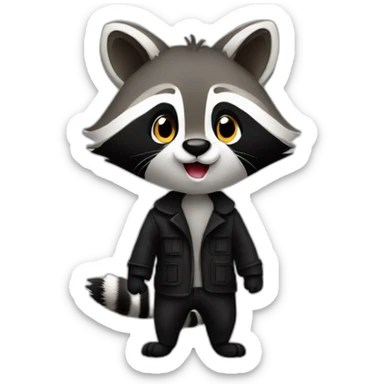 A raccoon who has a black coat and he puts sticker