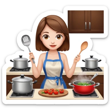 Showing from back Girl white skin, brown hair wearing mini dress sexy cooking dinner in kitchens  sticker