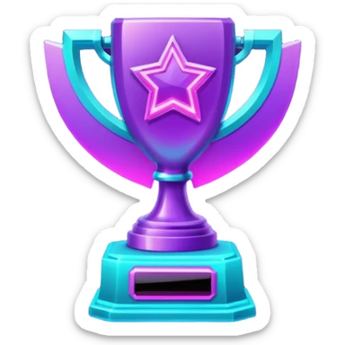 futuristic glowing neon trophy beside, purple and cyan glow, dark background sticker
