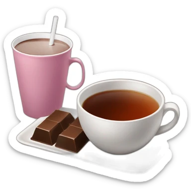 A cup of tea and a bar of chocolate near to a cup sticker