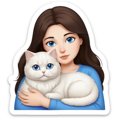 Brunette woman snuggling white Persian cat with blue eyes sticker