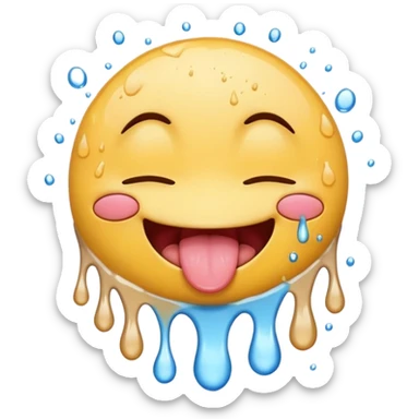 Smiley face emoji, closed eyes, tongue out, tongue dripping water, white splatters sticker