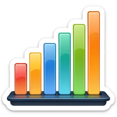 KPI dashboard icon emoji with rounded screen, glossy finish, soft shadow, bar chart with four colorful bars (blue, green, yellow, orange), thin white line graph overlay, gradient background, vibrant harmonious colors, transparent background sticker
