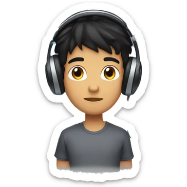 a boy with black hair and a tanned complexion, with a small barely visible moustache. He wears headphones and uses a laptop.  sticker