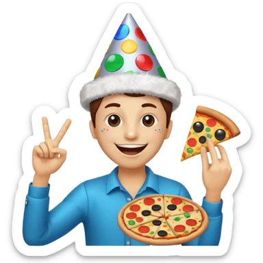 funny emoji called 'party Overload': laughing face with disco ball eyes, tilted party hat, making a finger gun with one hand, holding pizza in the other sticker