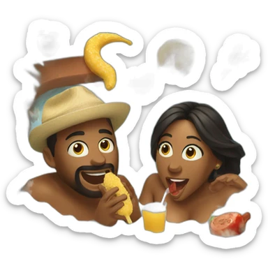 Two people singing into mics in a hot tub while eating a Cajun dinner sticker