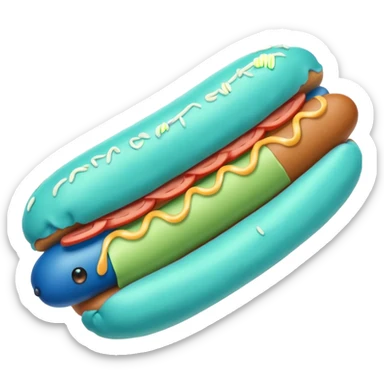 a blue colored hotdog bun with a minty colored hotdog in the middle of it sticker