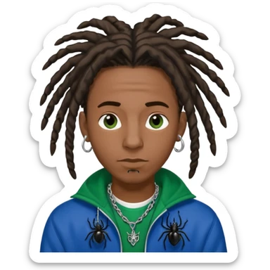create a black male with locs and silver ear piercings and a left nose piercing and a spider necklace that’s black along with a varsity jacket that’s blue and green sticker