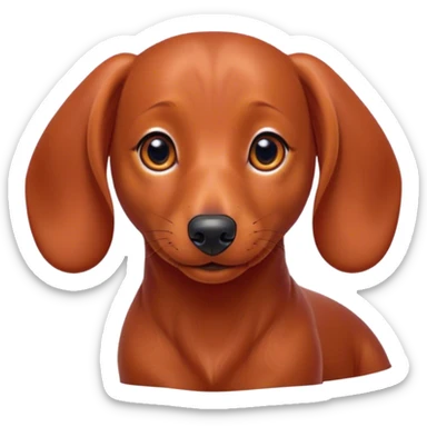 Cinematic Cute Red Dachshund Portrait Emoji, Head tilted playfully and inquisitively, featuring a glossy red coat with a sleek sheen, round, sparkling brown eyes filled with curiosity, Simplified yet irresistibly adorable features, highly detailed, glowing with a warm, friendly glow, high shine, affectionate and spirited, stylized with a touch of whimsy, bright and endearing, soft glowing outline, capturing the essence of a mischievous yet loving pup, so playful it feels like it could dash out of the screen and into your arms! sticker