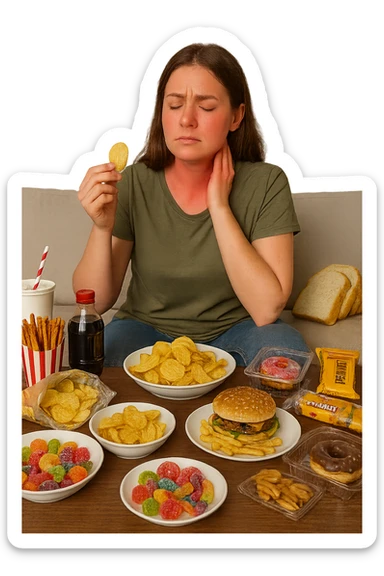 Donna tra i 25 e i 35 anni seduta sul divano o a un tavolo disordinato, circondata da cibi sparsi e poco sani: patatine, dolci, pane bianco, snack confezionati, bibite. con infiammazione e squilibri ormonali sticker
