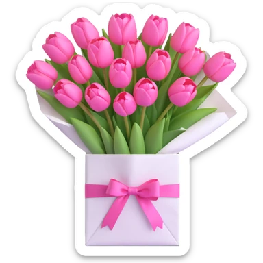A bouquet of pink tulips in a white paper bag tied with a pink ribbon, in 3D iOS style, pastel colors, soft shadows, clean and minimalistic design. sticker