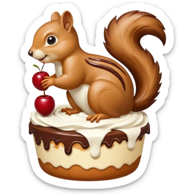 A large caramel custard decorated with chocolate and almonds to resemble a squirrel. Whipped cream with streaks of chocolate forms the shape of the squirrel's tail. It is topped with a cherry. sticker