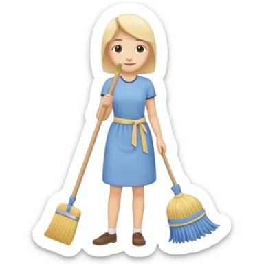 simplified human character calmly cleaning the room, holding a broom or cloth, relaxed smile, peaceful everyday routine, flat custom emoji sticker, soft pastel colors, rounded shapes, minimal details, thick outline, white background, no text sticker