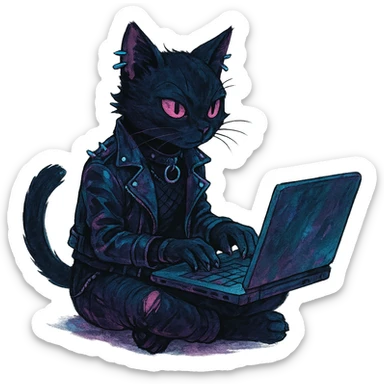  [[[it's a black cat typing at a laptop]]], , punk gothic style, futuristic cyberwave cyberpunk, sitting position
 sticker