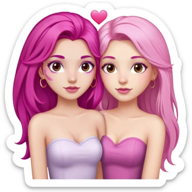 gorgeous pale girl with long magenta pink hair latina makeup next to a gorgeous girl with blonde hair brown eyes and a light pink heart above them both wearing tube tops sticker