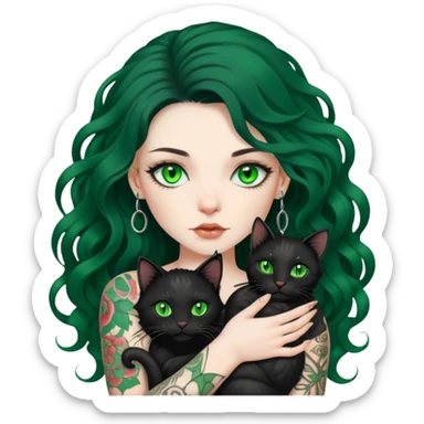girl with long black Loose curls hair and tattoos and a green eyes cat sticker