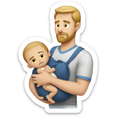 A tired white dad holding a baby sticker